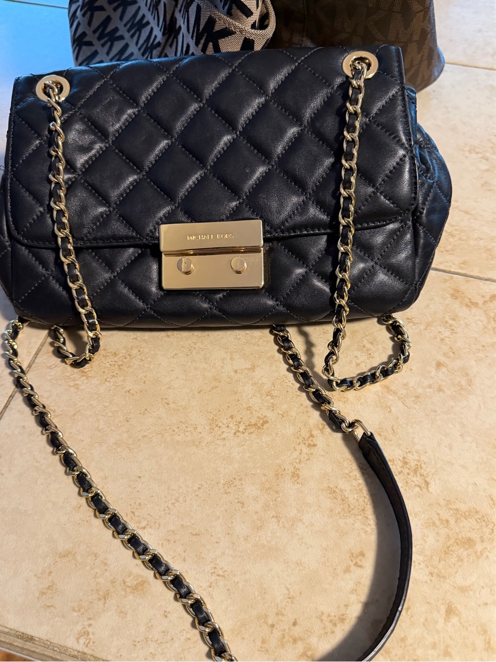 Michael Kors Black Quilted Leather Crossbody with Gold Chain